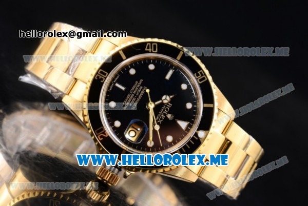 Rolex Submariner Clone Rolex 3135 Automatic Yellow Gold Case/Bracelet with Black Dial and Dot Markers (BP) - Click Image to Close